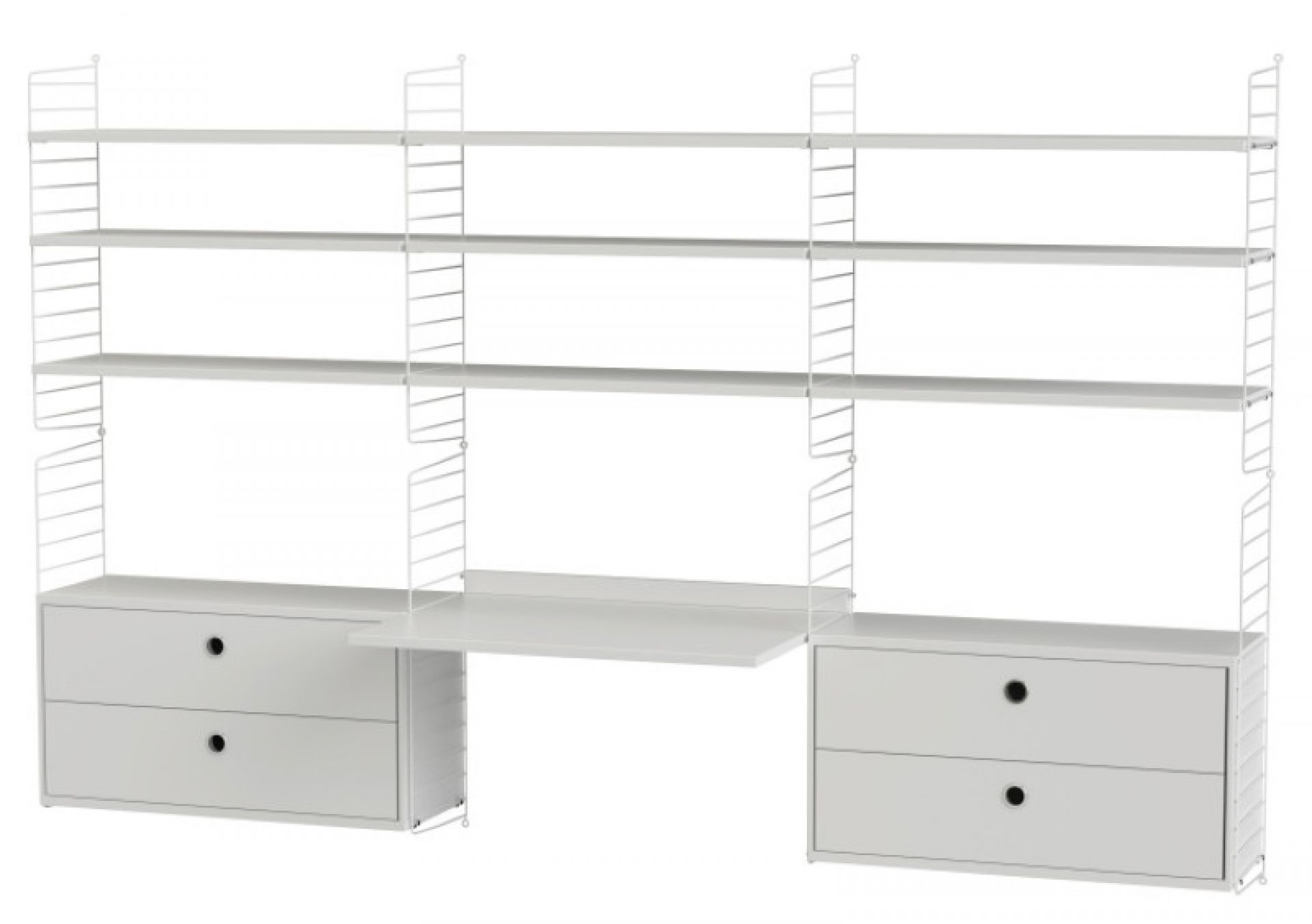 Weißes String Regal mit Schreibtisch und Schubladen, ideal als Arbeitszimmer Arbeitsplatz.